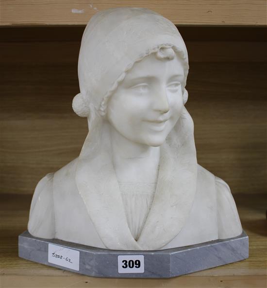 An early 20th century North European carved alabaster bust of a Flemish girl wearing a lace bonnet, unsigned, on grey marble plinth, he